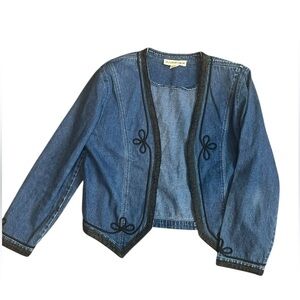 Denim Jacket Embroidered Size M – 100% Cotton Open Front Trim Vintage Style